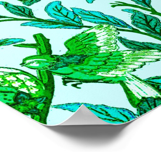 Art Nouveau Bird and Pomegranate, Turquoise & Aqua Poster (Hoek)