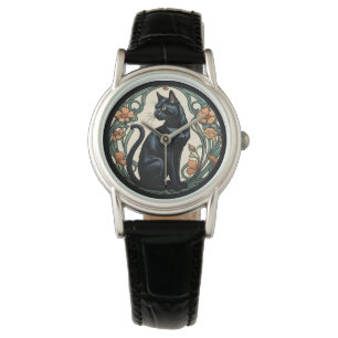 Art Nouveau Black Cat Horloge