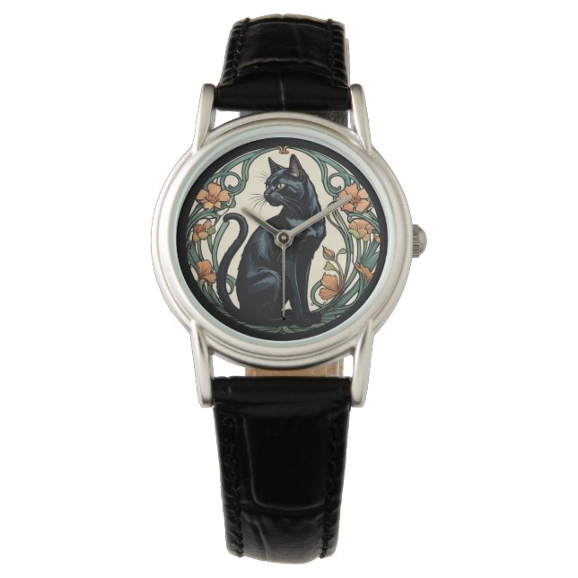 Art Nouveau Black Cat Horloge (Voorkant)