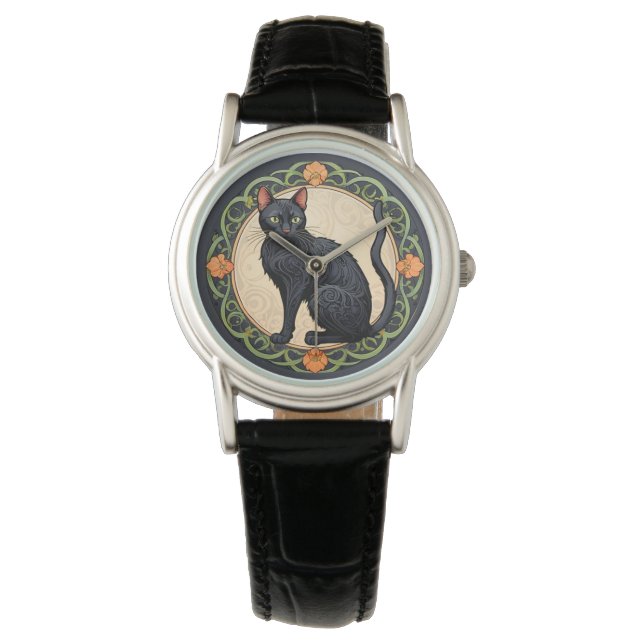 Art Nouveau Black Cat Horloge (Voorkant)