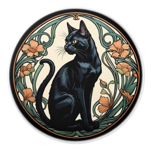 Art Nouveau Black Cat Keramische Knop (Voorkant)