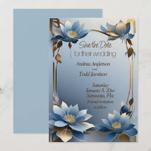 Art nouveau blauw en goud lotus bloemen bruiloft save the date