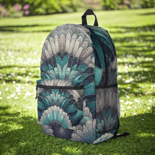 Art Nouveau Blauw en Zilver Fans Bedrukte Rugzak