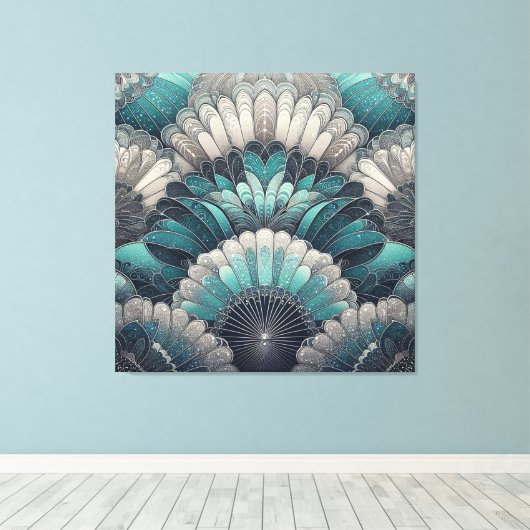 Art Nouveau Blauw en Zilver Fans Canvas Afdruk (Insitu (Houten vloer))