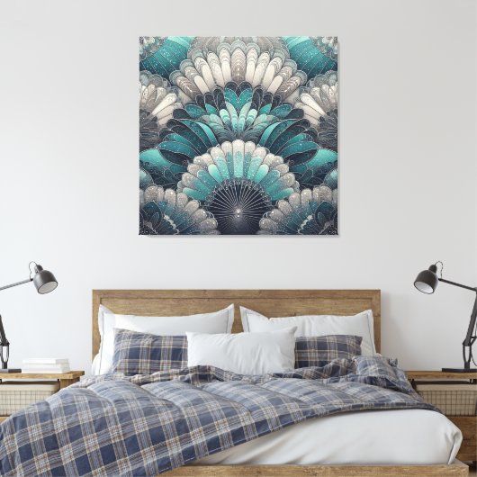 Art Nouveau Blauw en Zilver Fans Canvas Afdruk (Insitu (Slaapkamer))