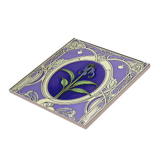 Art nouveau blauwe bel bloemenpatroon tegeltje