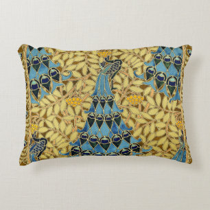 Art Nouveau Blauwe Pauw Bloemmotief Antiek Accent Kussen