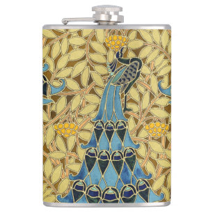 Art Nouveau Blauwe Pauw Bloemmotief Antiek Heupfles