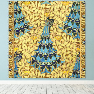Art Nouveau Blauwe Pauw Bloempatroon Antiek Canvas Afdruk