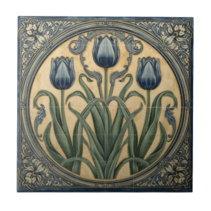 Art Nouveau Blauwe Tulpen Bloemmotief Vintage  Tegeltje