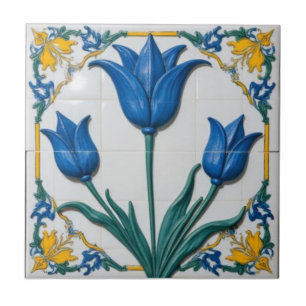 Art Nouveau Blauwe Tulpen Bloemmotief Vintage  Tegeltje