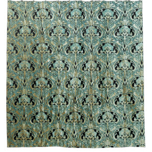Art nouveau, blauwgroen, goud, patroon, belle époq douchegordijn