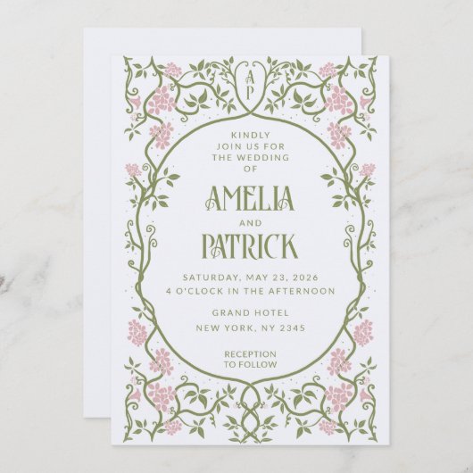 Art Nouveau Bloemen Groen en Roze Huwelijk Kaart (Voorkant / Achterkant)