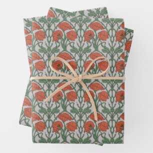 Art Nouveau Bloemen Groen Rood Poppy Inpakpapier Vel