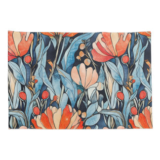 Art Nouveau Bloemen Rood Blauw Waterverf Kussensloop
