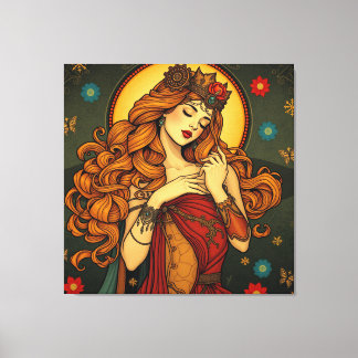 Art Nouveau Bloemen Vrouw Illustratie Canvas Afdruk