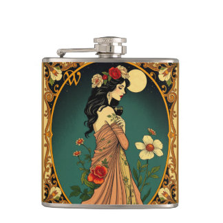 Art Nouveau Bloemen Vrouw Illustratie Heupfles