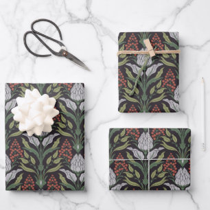 Art Nouveau Bloemen Zwart Rood Groen Grijs Inpakpapier Vel