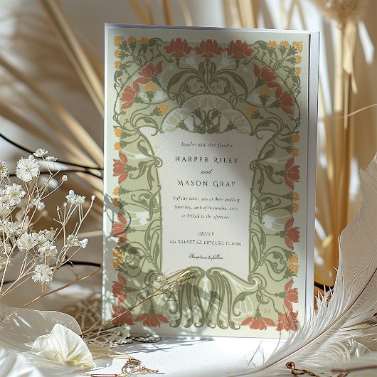 Art Nouveau Bloemenbruiloft in warme aardetinten Kaart