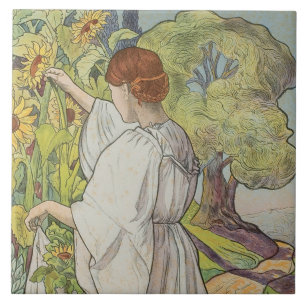 Art Nouveau Bloemenvrouw Mucha Frans Groene Daisy Tegeltje