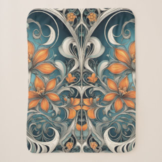 Art Nouveau bloempatroon turquoise oranje Sherpa Deken