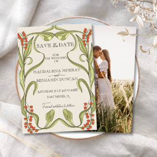 Art Nouveau bloemrijke lijst oranje groene foto Save The Date
