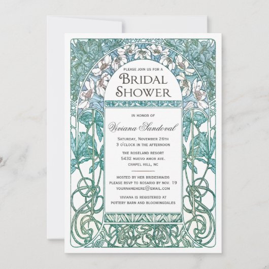 Art Nouveau  Bridal Shower Invitations Blue Kaart (Voorkant)