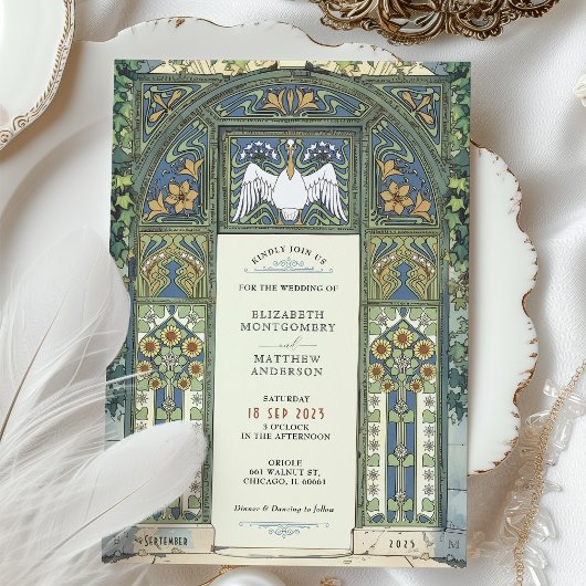 Art Nouveau bruiloft blauw, goud, groene boog Kaart