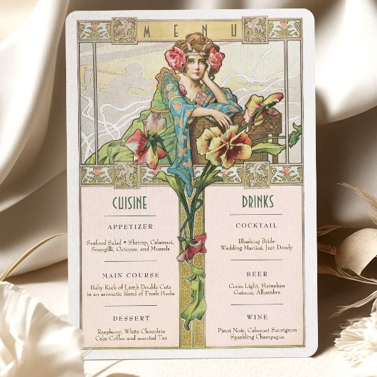 Art Nouveau Bruiloft Menu & Drinken Kaart