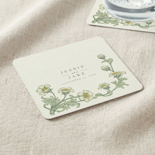 Art Nouveau bruiloft met vintage bloemenrand Vierkante Kartonnen Onderzetter