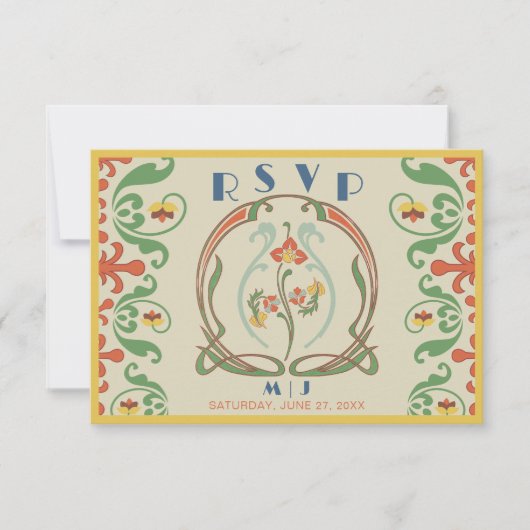 Art Nouveau Bruiloft Monogram Reactie Kaart (Voorkant)