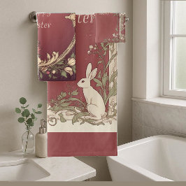 Art Nouveau Burgundy Easter Bunny Floral Vintage Bad Handdoek