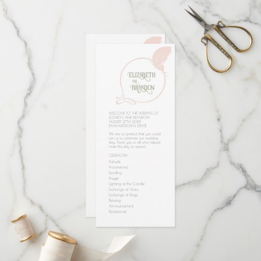 Art Nouveau  Butterfly Blush Pink Wedding Programma (Voorkant / Achterkant in situ)