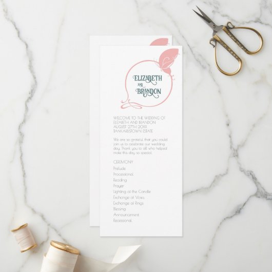 Art Nouveau Butterfly Dusty Pink Wedding Programma (Voorkant / Achterkant in situ)