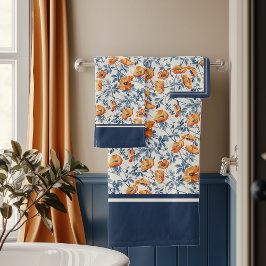 Art Nouveau California Poppies Navy Banded Bad Handdoek