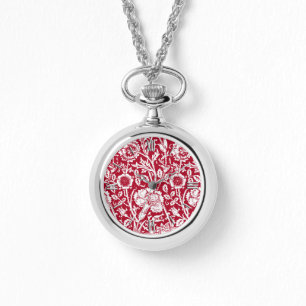 Art Nouveau Carnjnjestoornis Damask, Red en White Horloge