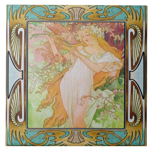 Art Nouveau Ceramic Tile Alphose Mucha Design 02 Tegeltje (Voorkant)