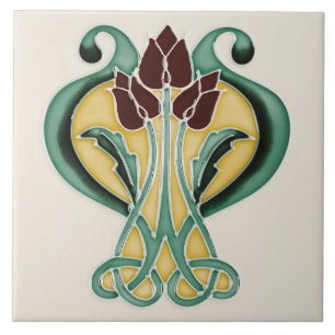 Art Nouveau Ceramic Tile - Deep Paarse Tulips Tegeltje
