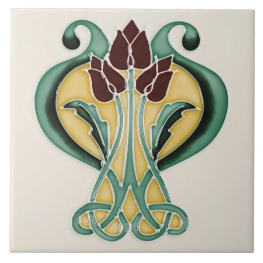 Art Nouveau Ceramic Tile - Deep Paarse Tulips Tegeltje (Voorkant)