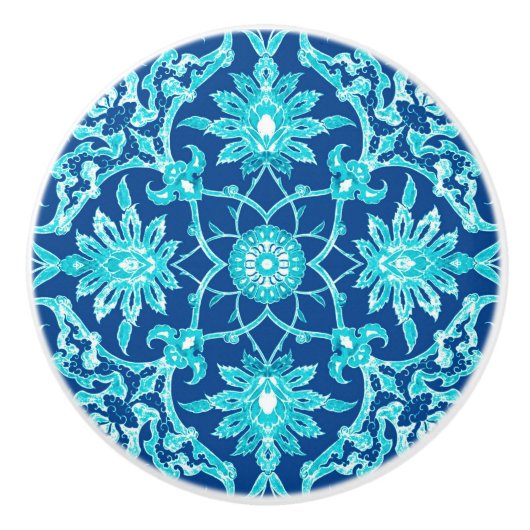 Art Nouveau Chinese Pattern - Turquoise en Blue Keramische Knop (Voorkant)