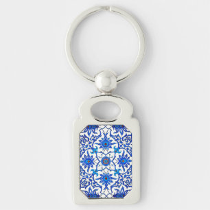 Art Nouveau Chinese Tile - Cobalt Blue & White Sleutelhanger