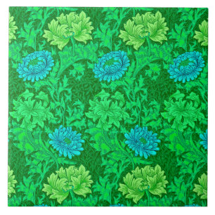 Art Nouveau Chrysanthemums, Lime Green en Aqua Tegeltje