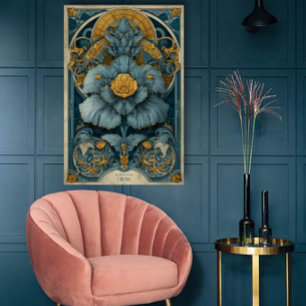 Art Nouveau-circusposter in blauw en geel Poster