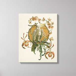 Art Nouveau, Cockato Bird, Orchid Flowers Canvas Afdruk