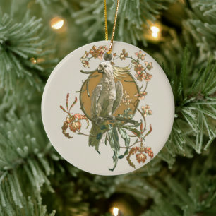  Art Nouveau, Cockato Bird, Orchid Flowers Keramisch Ornament