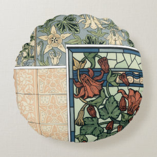  Art Nouveau, Columbine Aquilegia Flowers Rond Kussen