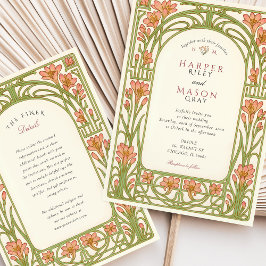 Art Nouveau Coral Lily Architectural Wedding Kaart