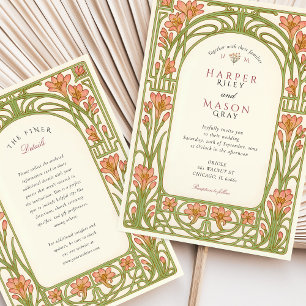 Art Nouveau Coral Lily Architectural Wedding Kaart
