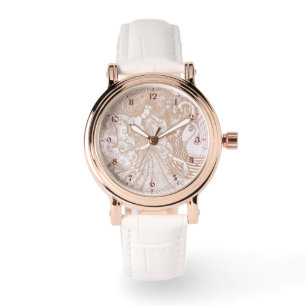 Art Nouveau Cream Bloemen Vrouw & Zwanen Horloge