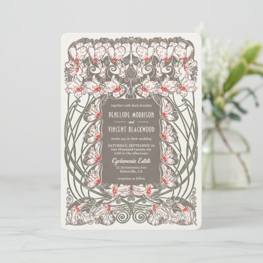 Art Nouveau Cyclamen Elegance bruiloft Kaart (Staand voorkant)